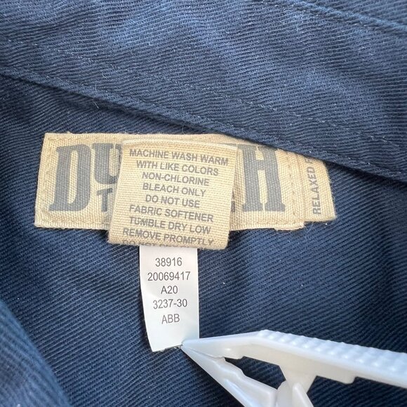 Duluth Trading Co Mens XL Navy Button-Up Shirt Olive Sleeves Pocket & Gear Logo - Picture 6 of 9